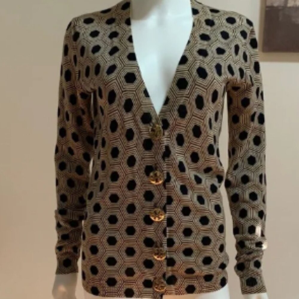 Tory Burch Geometric Patterned Cardigan Sweater with Gold Buttons